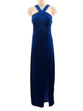 Sexy Blue Velvet High Slit Long Gown Maxi Dress Size 9/10 Evening Cocktail Party